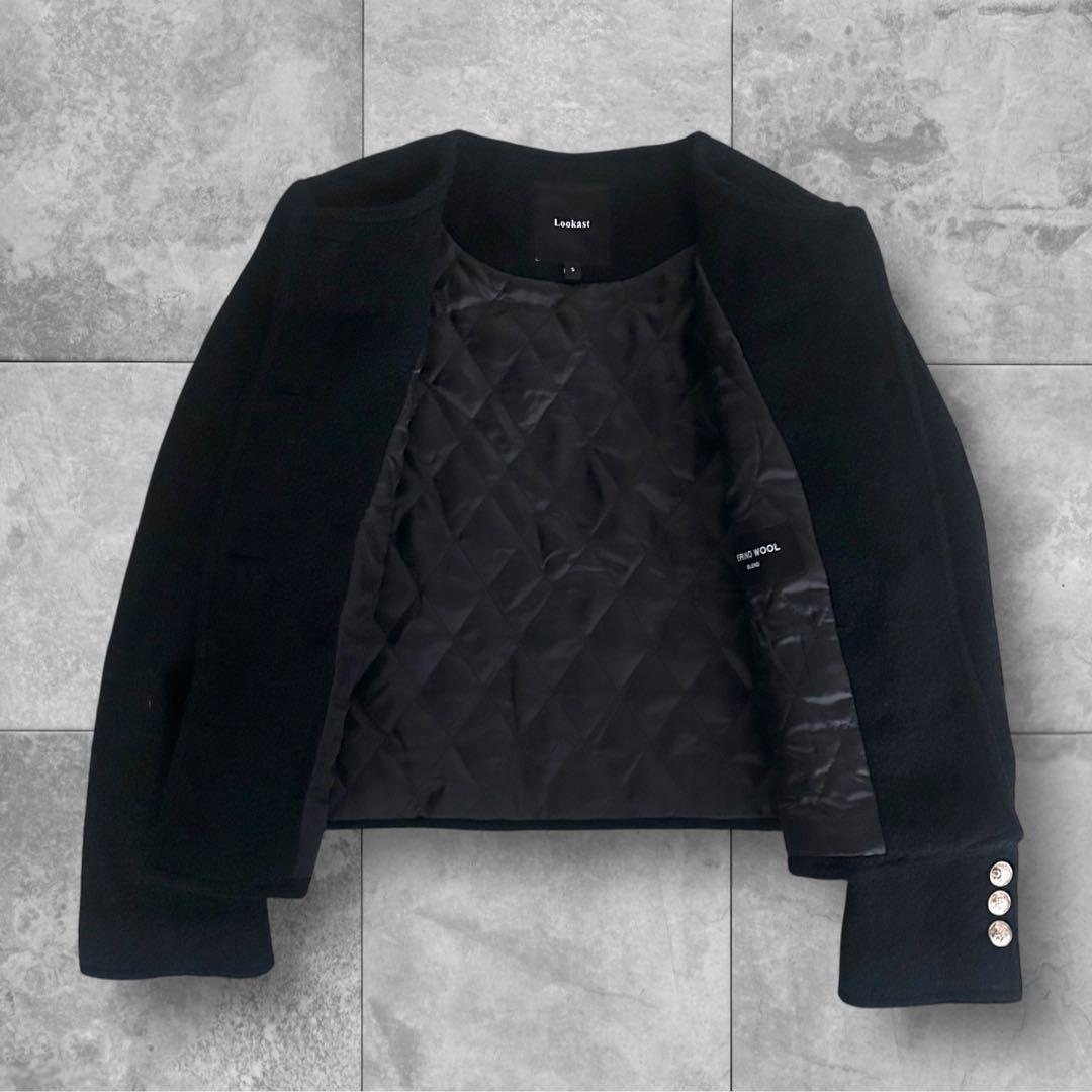 Lookast ノーカラージャケット ツイード ウール 金ボタン S ブラック