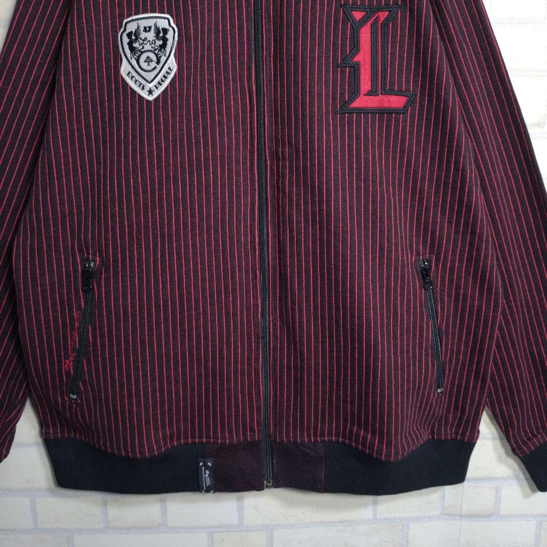 個性派古着★LRG 総刺繍 ストライプ トラックジャケット 黒×赤 2XL