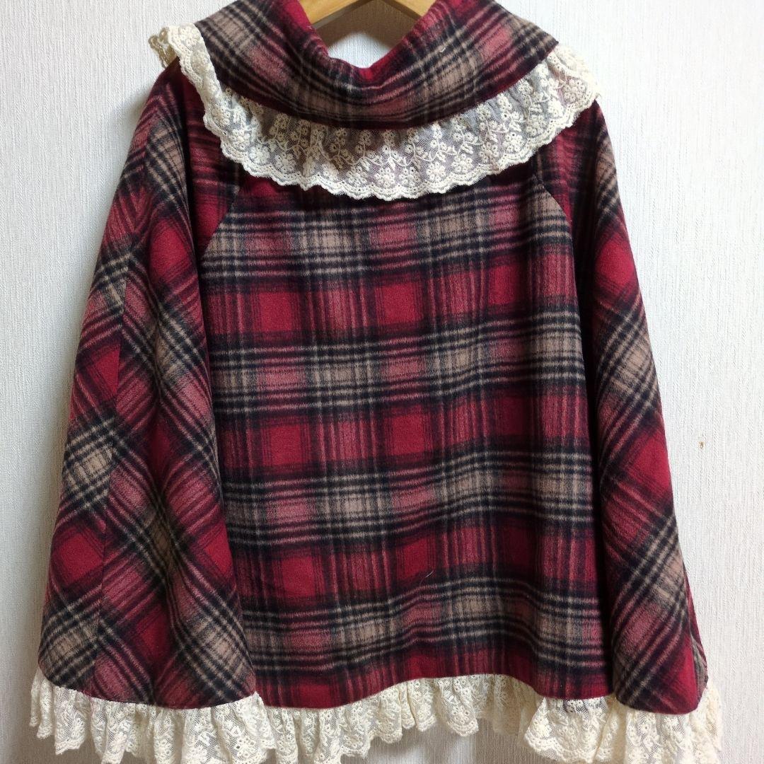 リズリサ　レース付き赤チェックポンチョ