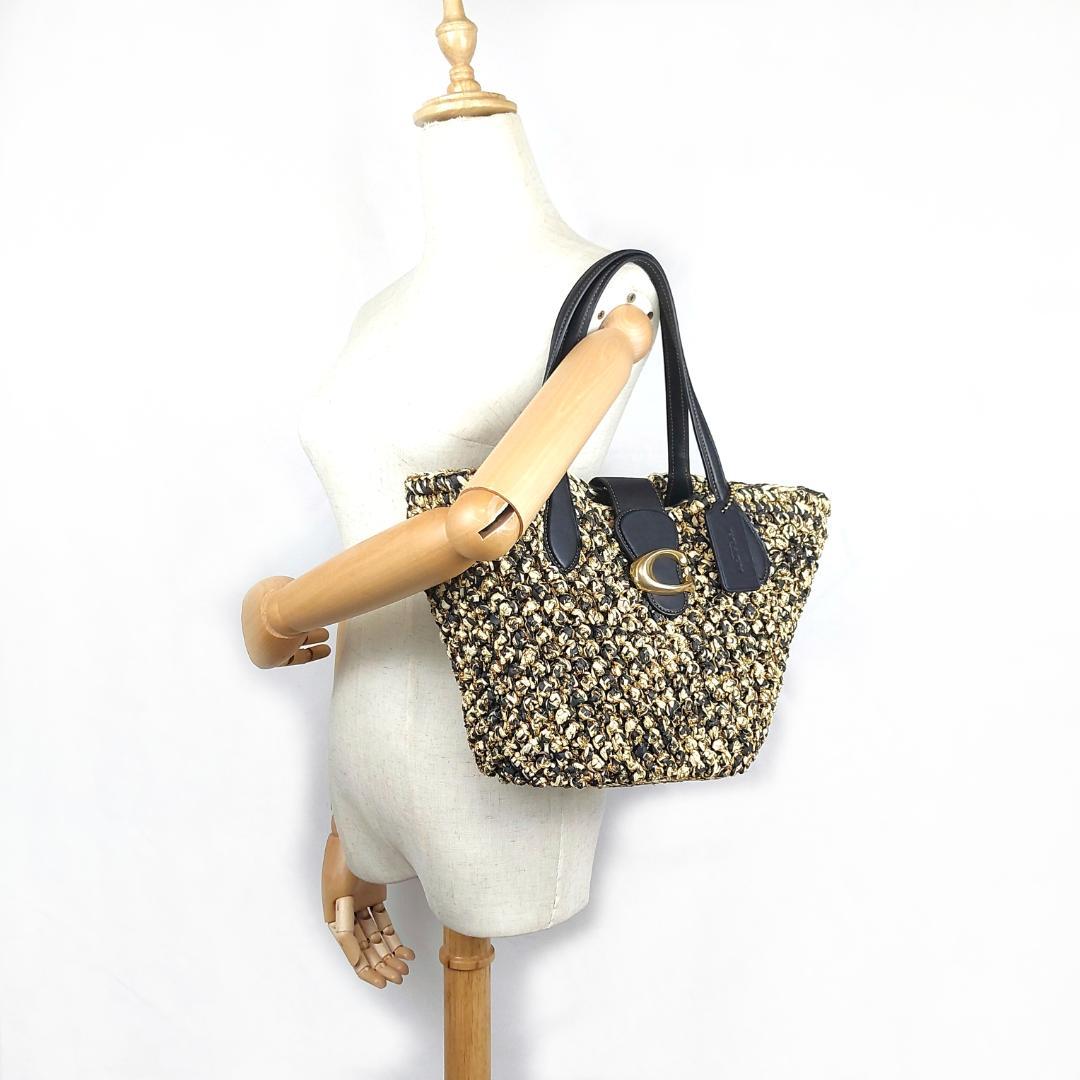 COACH コーチ トートバッグ ストロー かごバッグ スムースレザー ポーチ付