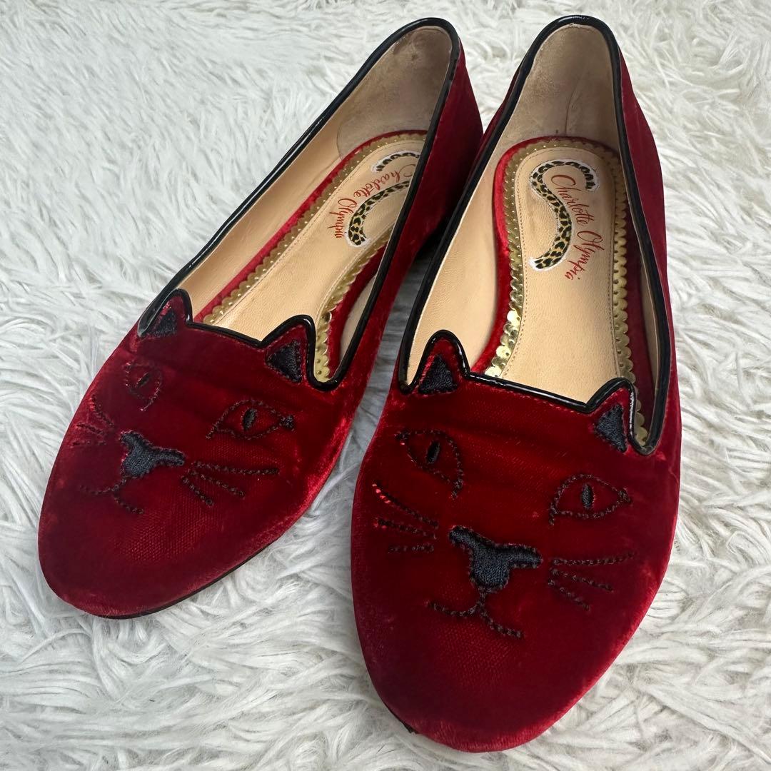 美品 シャーロットオリンピア フラットシューズ レッド ネコ