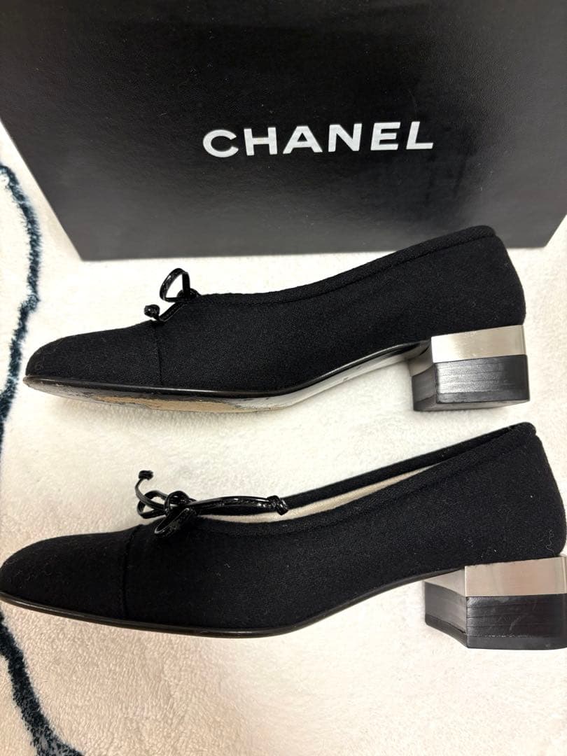 美品　CHANEL 36.5 黒 リボン　パンプス　フラット　ヒールシャネル