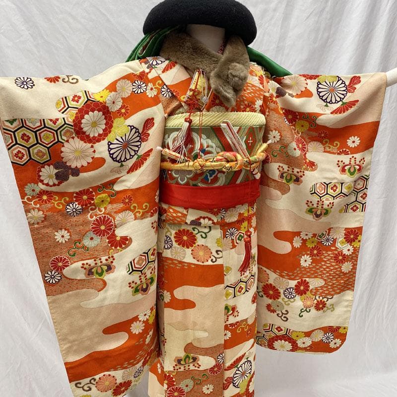 508ag48◎七五三 七歳 女児 アンティーク着物&袋帯&長襦袢 濃い朱色◎