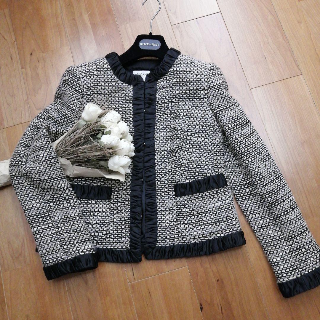 美品アルマーニコレツィオーネツィードジャケット丸襟42黒ベージュ日本M～ML