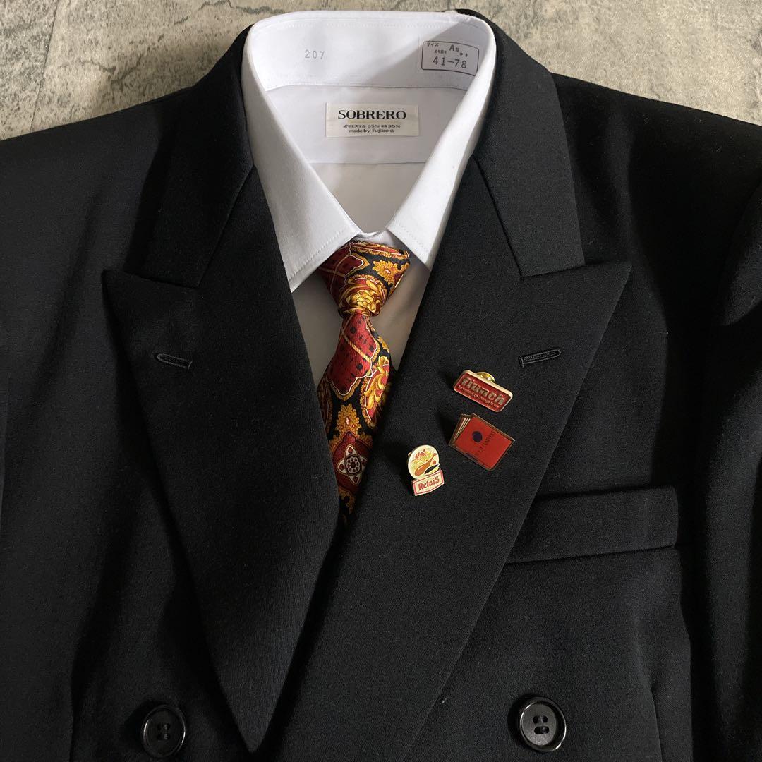 極美品 Apollo特注 極上ブラックウール ダブルスーツ 黒艶 セットアップ