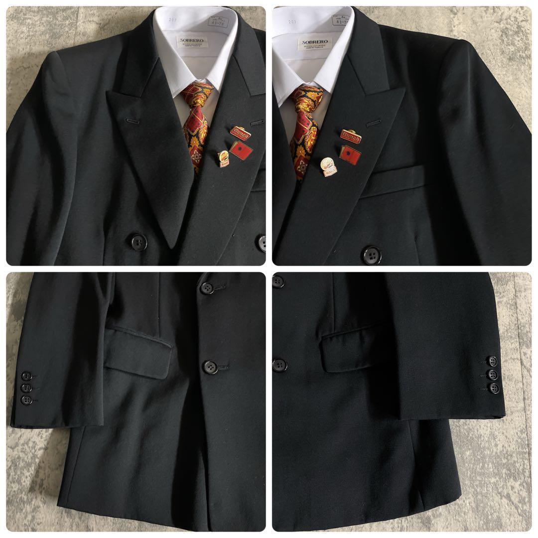 極美品 Apollo特注 極上ブラックウール ダブルスーツ 黒艶 セットアップ