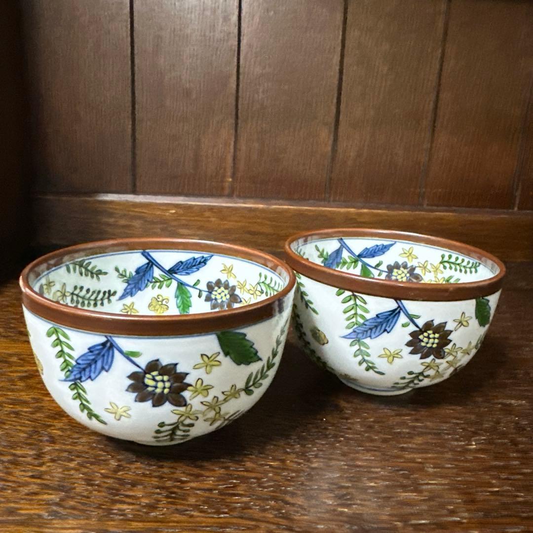 源右衛門、染め錦、更紗花門、茶碗二客