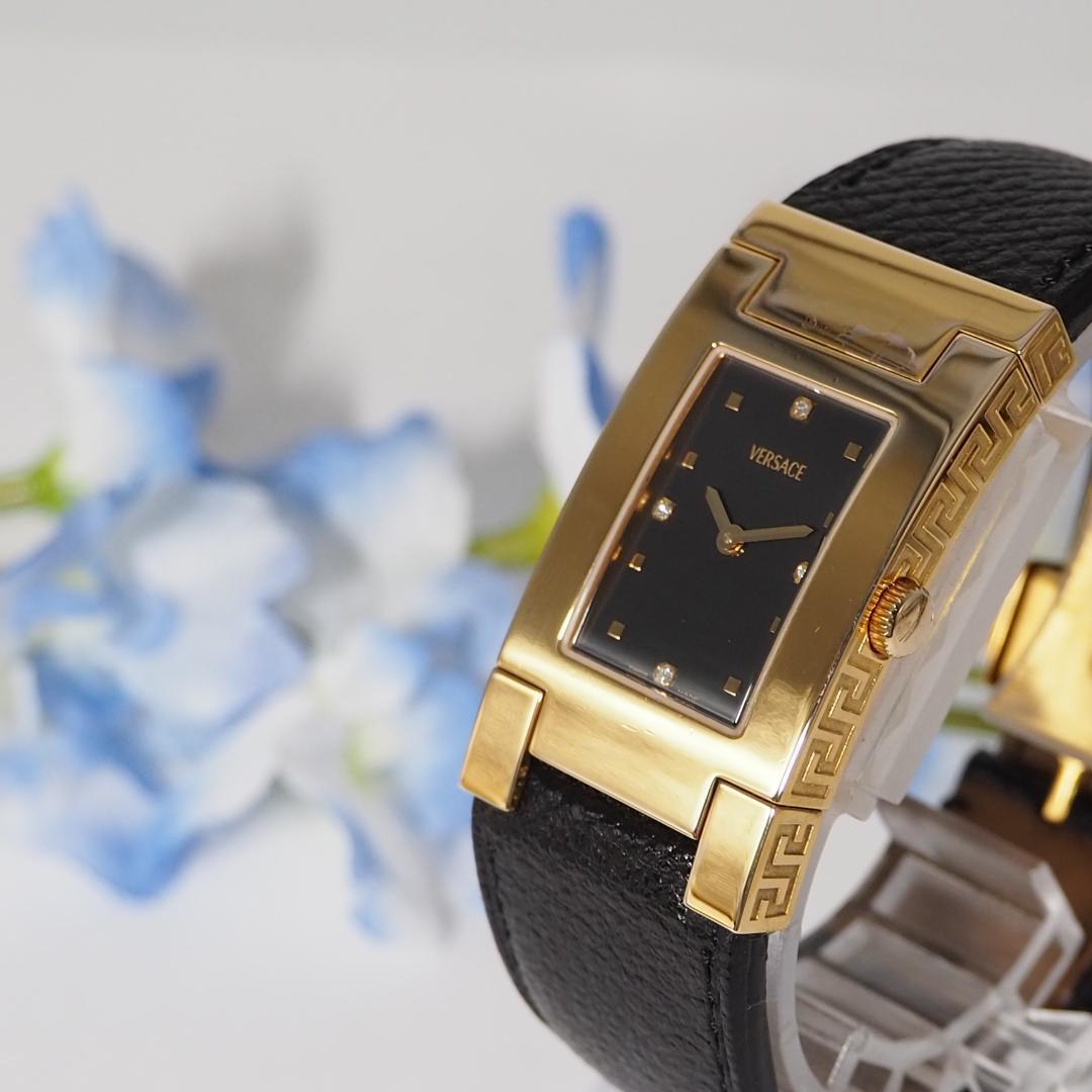 ヴェルサーチ 革ベルト 4Pダイヤ スクエア メンズ 腕時計 ゴールド F123