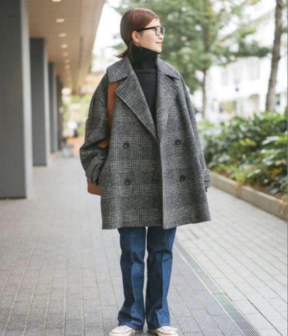 美品 24AW Spick & Span Wスライバーチェックハーフコート　黒