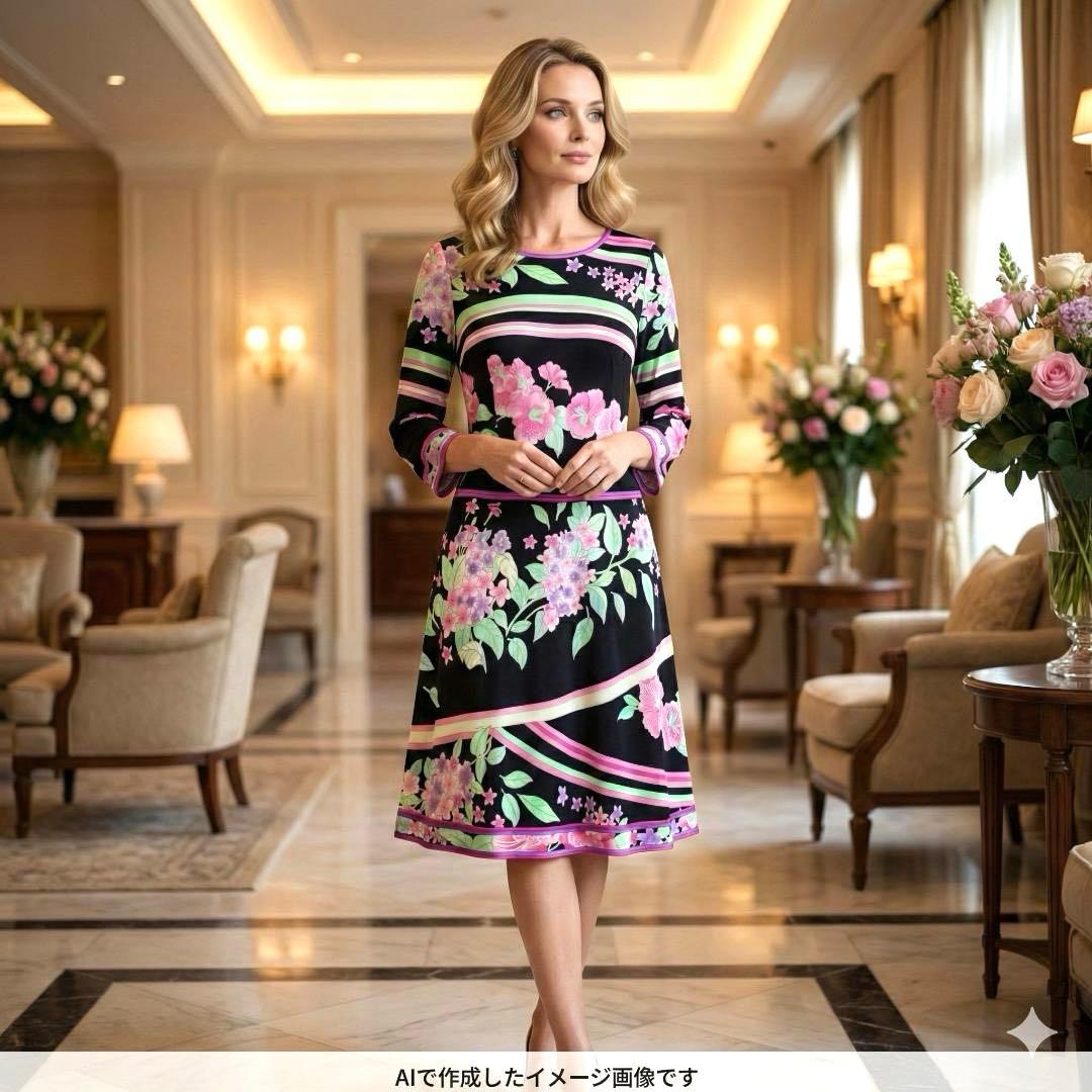 【極美品/近年】レオナール カンカン ボタニカル 花柄トリム フレアワンピース