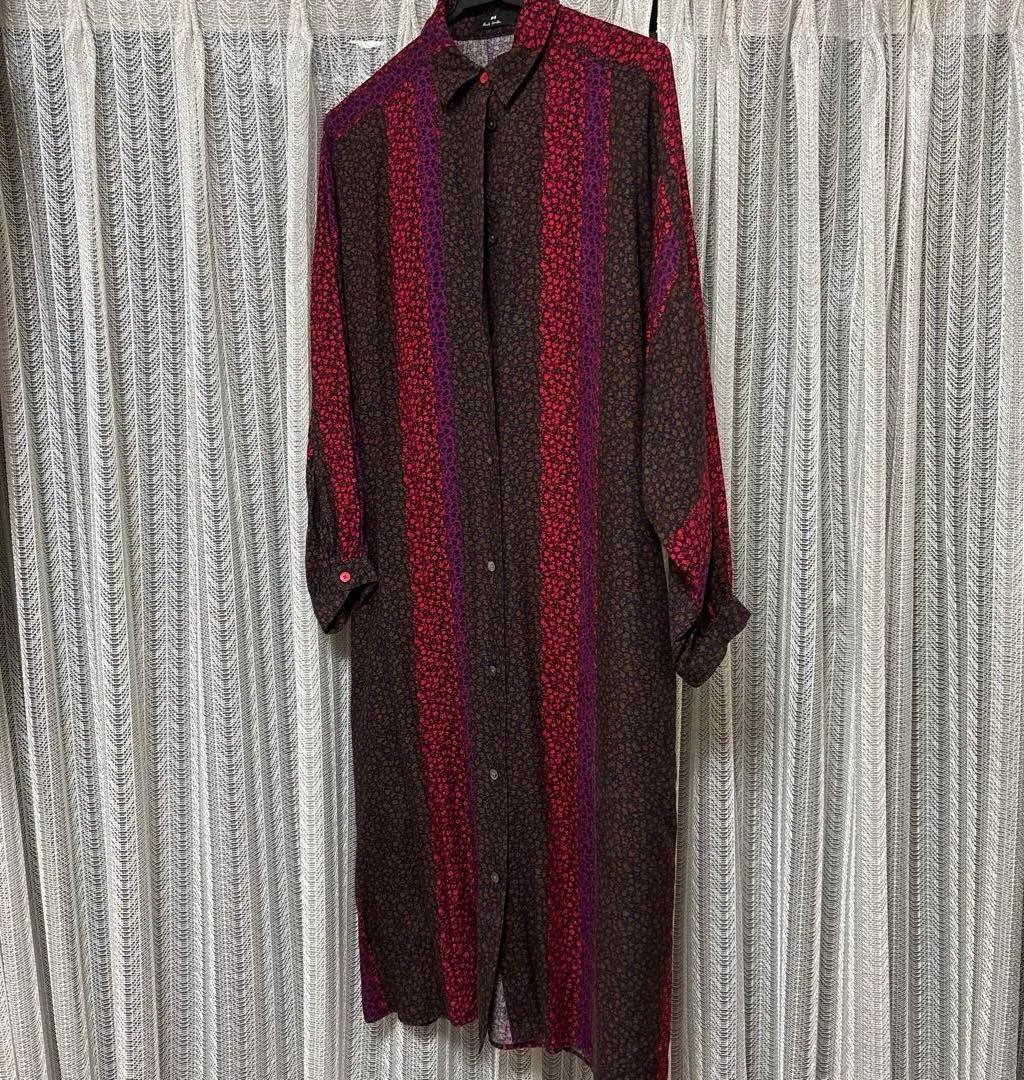 シャツワンピース 長袖 ブラウン レッド パープル