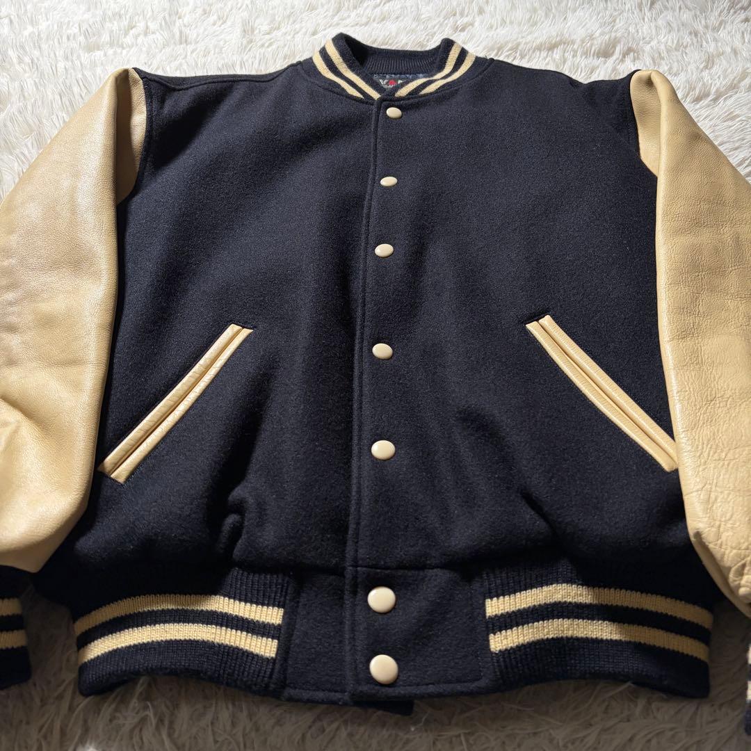 美品/LL■VAN JACKET スタジャン　袖レザー　アーチロゴ　ネイビー