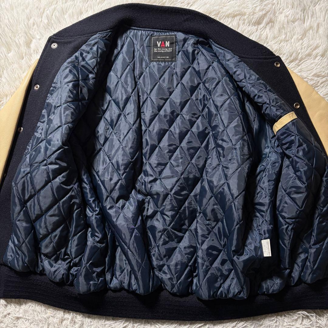 美品/LL■VAN JACKET スタジャン　袖レザー　アーチロゴ　ネイビー
