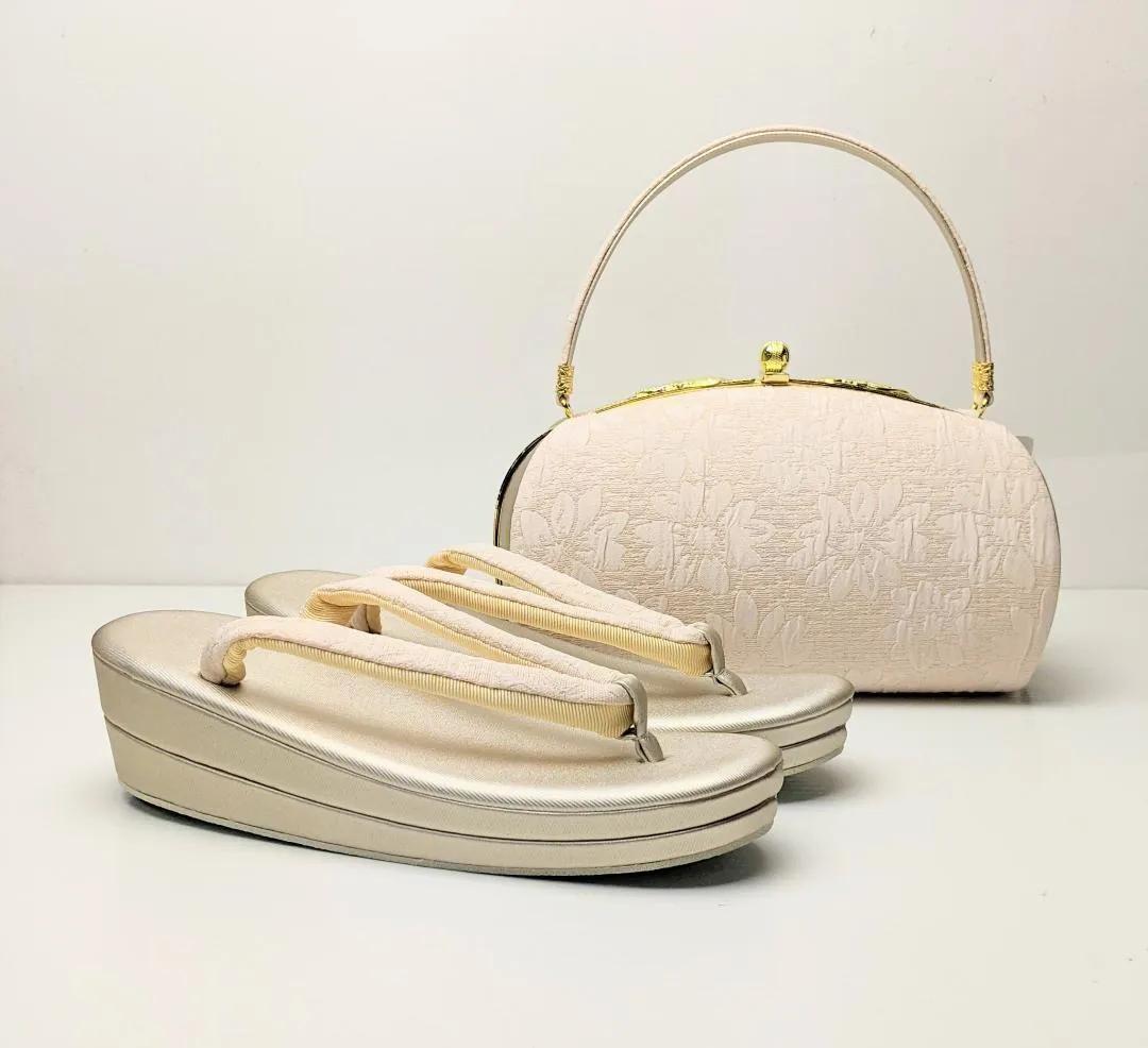 ふくれ織 草履 バッグ セット ベージュ ゴールド フリーサイズ u33-3
