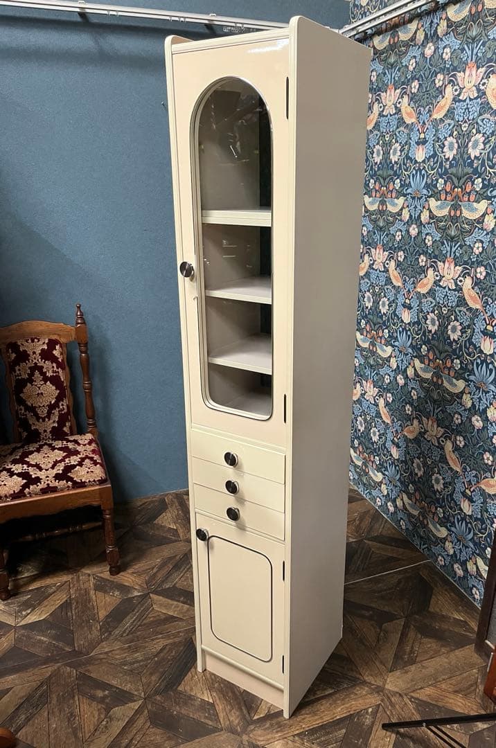 アーチ型 食器棚 飾り棚 小ぶり スリム 白 ホワイト 水屋 当時物 昭和レトロ