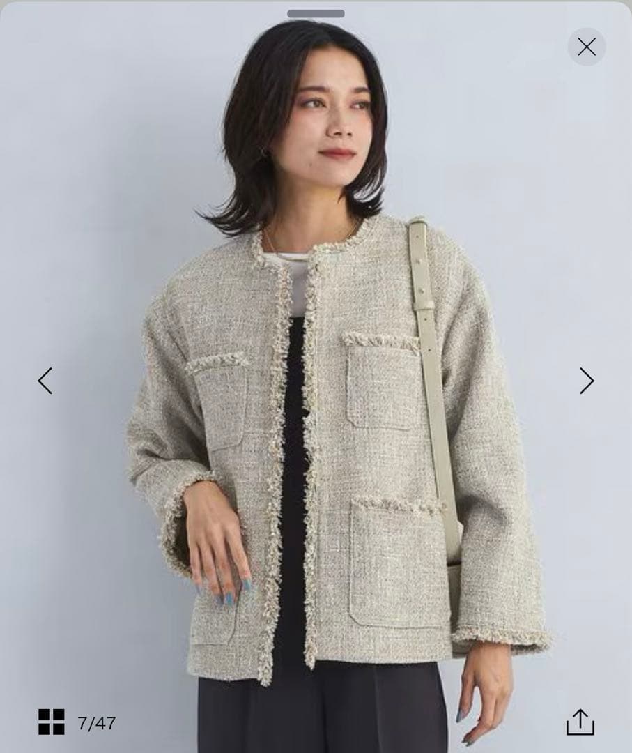 グリーンレーベル　ミックスツイードライク　ポケット　ノーカラージャケット　38