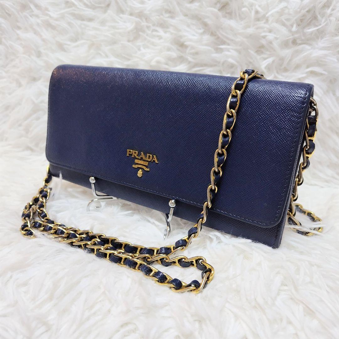 レア美品✨プラダ◇チェーンショルダーウォレット　サフィアーノゴールド金具ネイビー