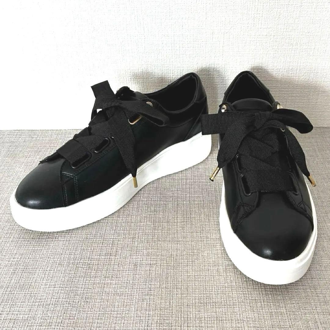 極美品 プラスダイアナ 超軽量 リボンスニーカー 黒 レザースニーカー 厚底