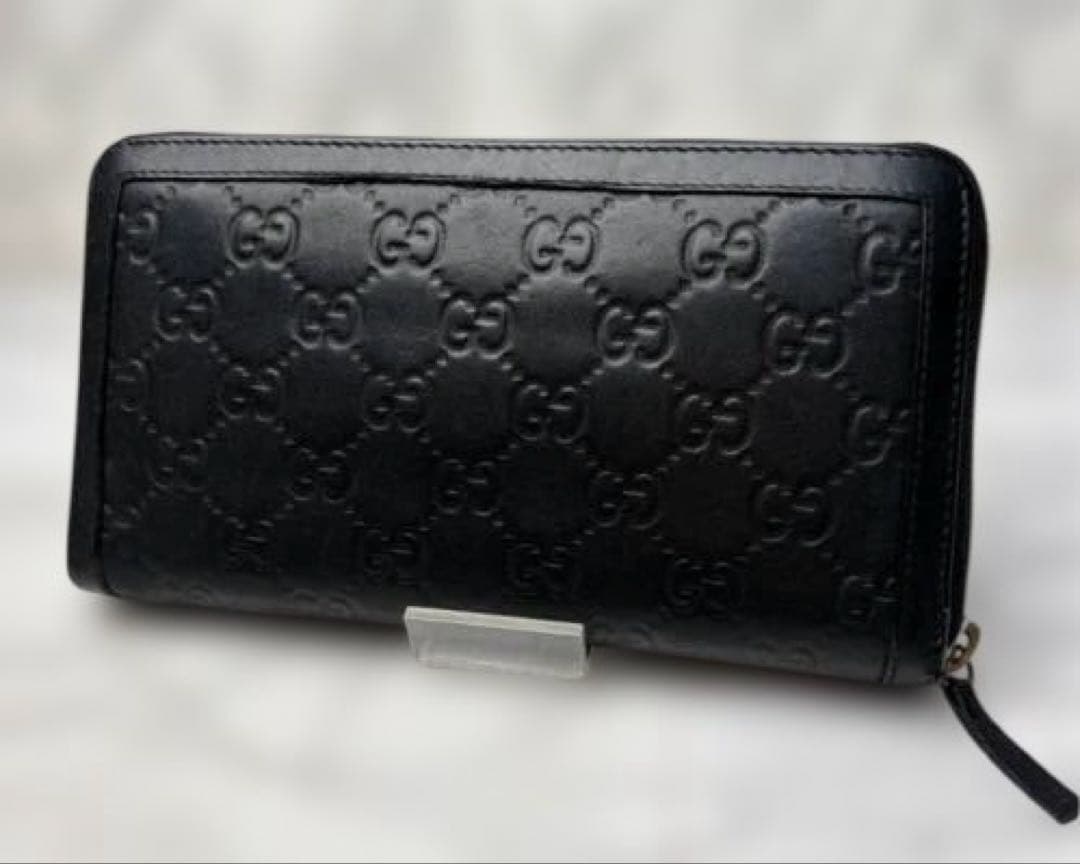 GUCCI インターロッキングG シマ レザー ラウンドファスナー 長財布 黒