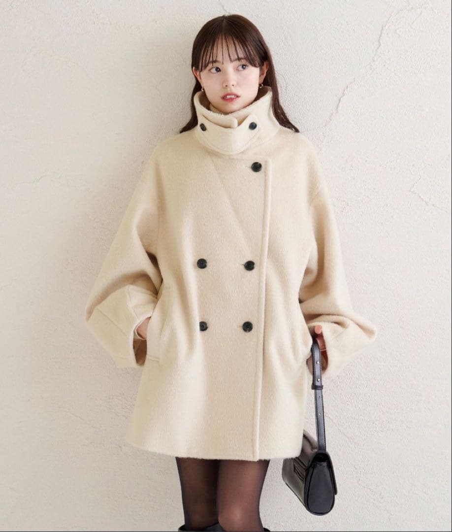 mystic ウール混 シャギーミドルコート　アイボリー