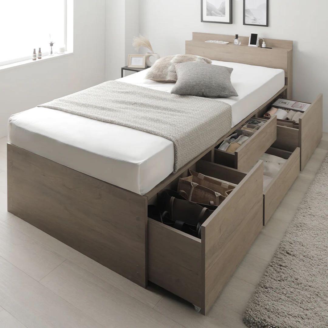 引き出し4杯大容量ベッドSD 宮付き『Slektia スレクティア』 グレージュ