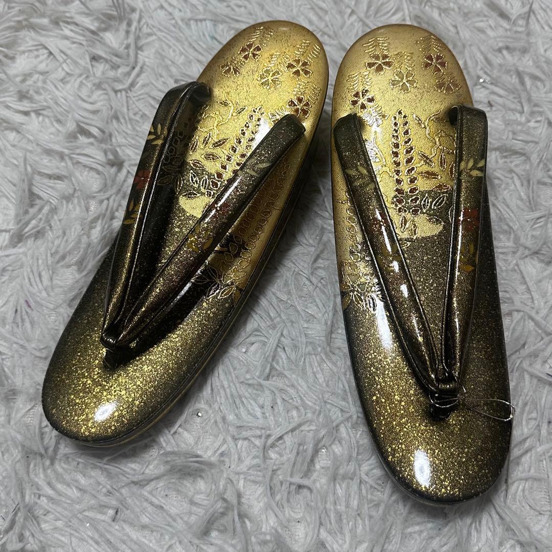 新品未使用　本革エナメル 草履バッグセット 金×深緑 手描き 和装　和服　成人式