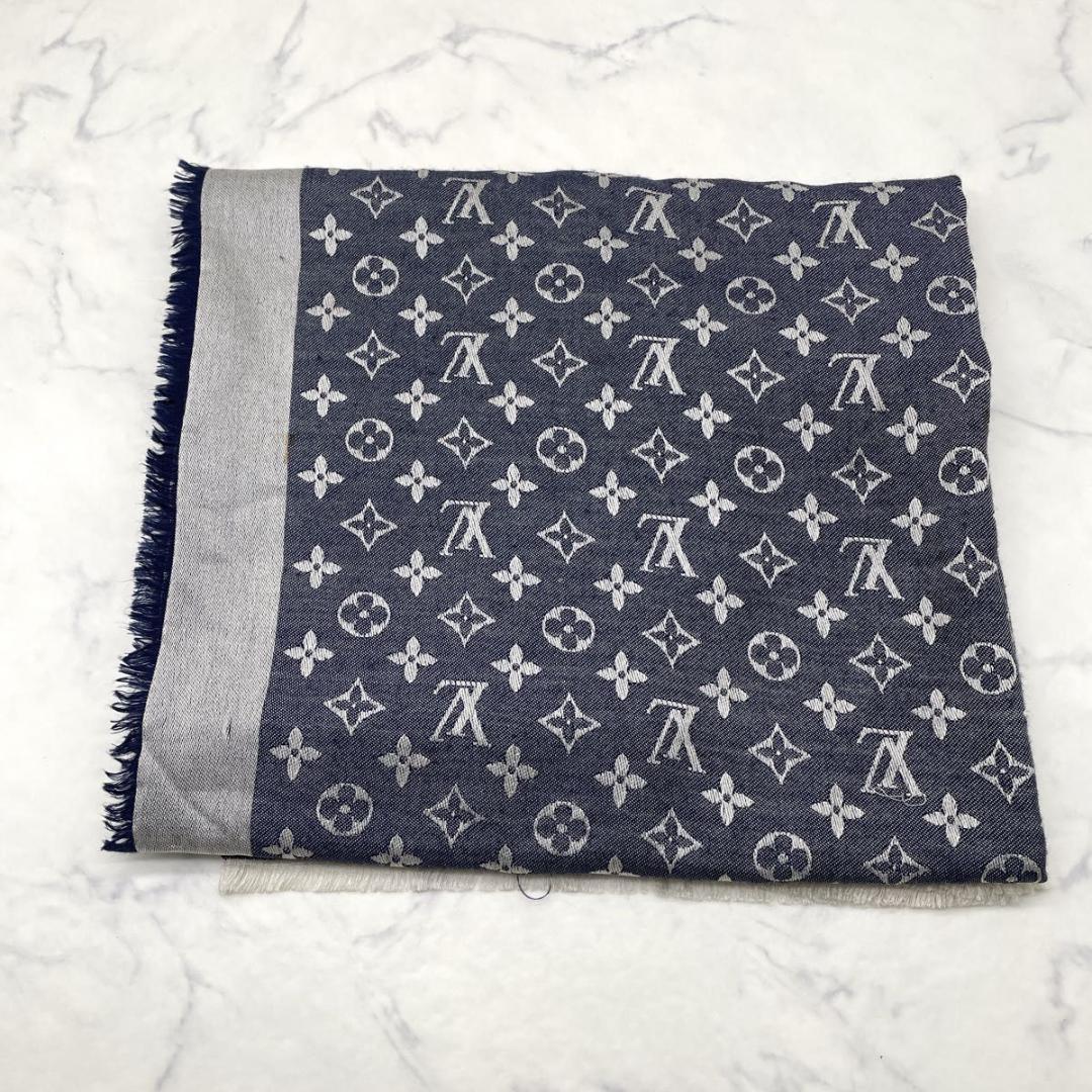 ルイヴィトン モノグラム デニム 大判 ストール シルク混 紺 M71376