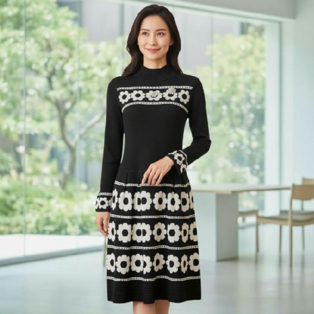 新品未使用タグ付　スーパービューティー 花柄ジャガード ニットワンピ ブラック