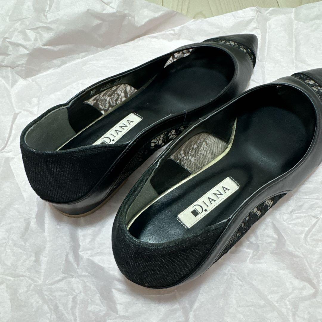 DIANA ダイアナ ブラック 黒 レースフラットシューズ 23.5