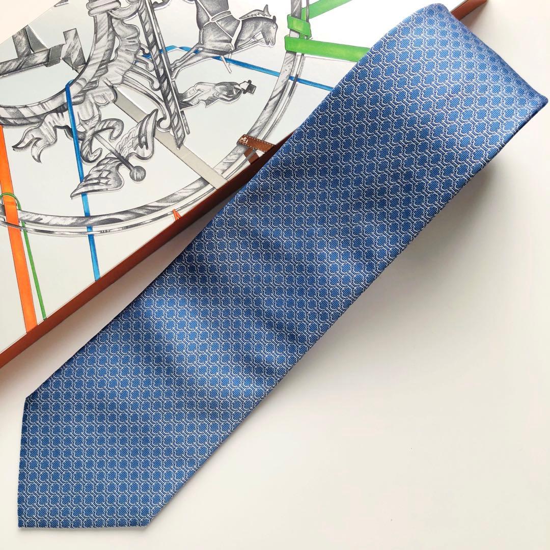 HERMES ネクタイ 紋章柄 ブルー