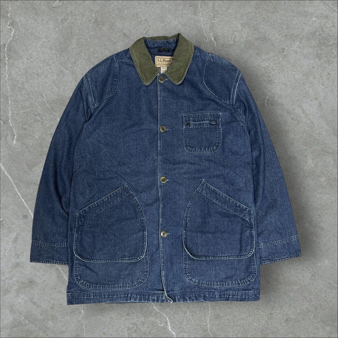 12]エルエルビーン デニムカバーオールジャケットブルゾン古着 襟コーデュロイ