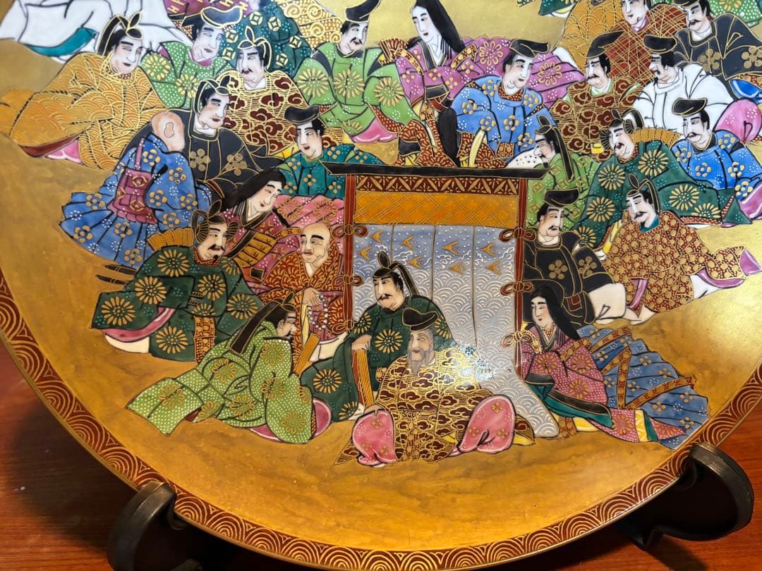 九谷焼き 百人一首大皿 直径39.5cm厚み4.5cm 箱あり、絵皿スタンド付き