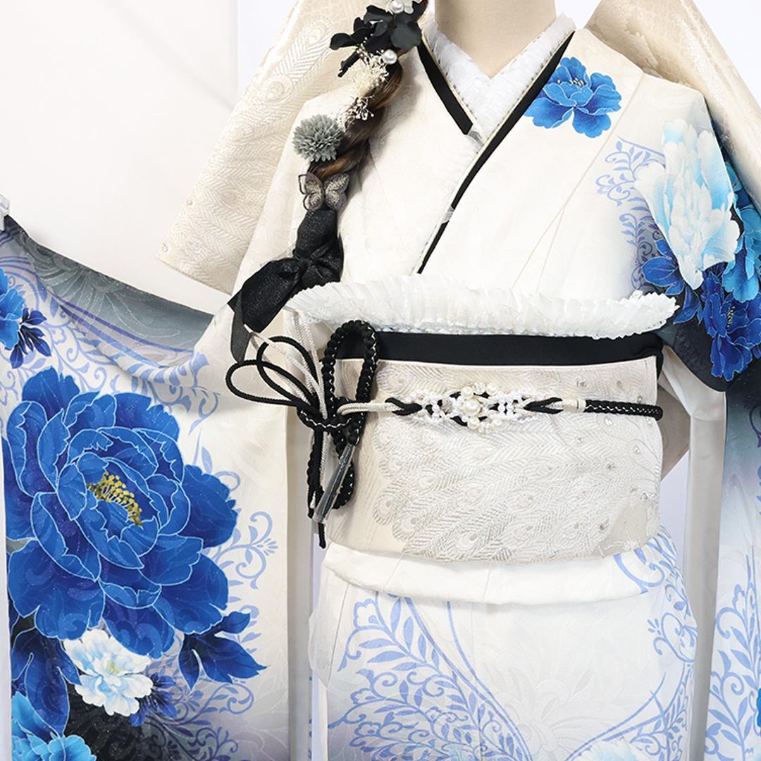 ホワイト系◆振袖7点セット ◆161cmフルセット白青水色成人式ギャル系Sw30