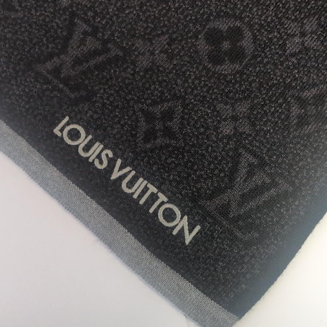 美品 ルイヴィトン モノグラム総柄 ウールマフラー 伊製 黒×濃灰 d107