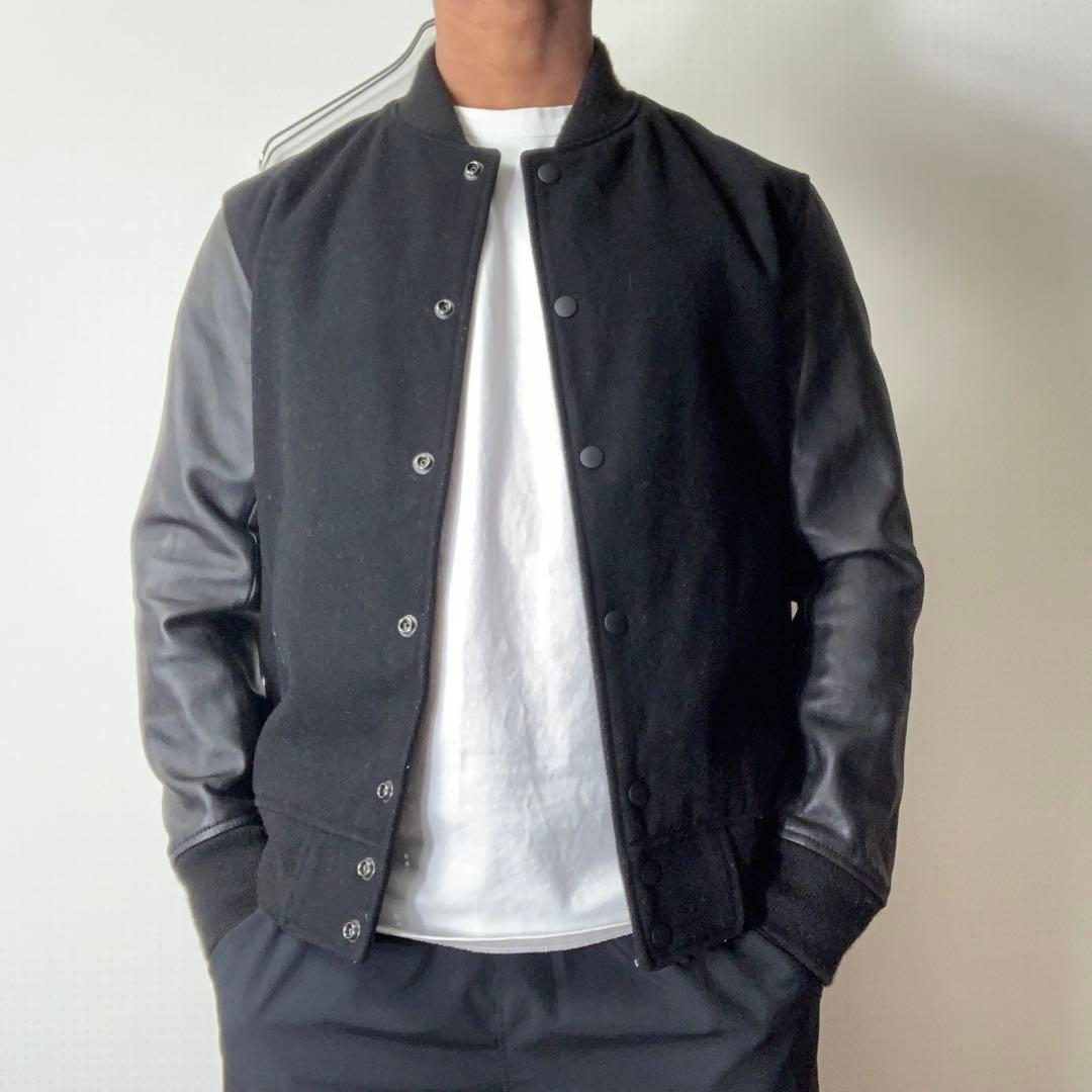 モンキータイム 袖レザースタジャン ブラック ウール スナップボタン ブルゾン