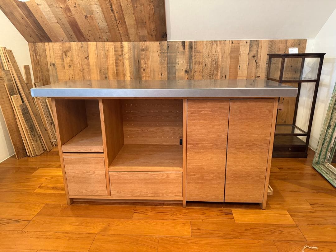 【展示品】※値下げ※オーダーメイド家具　木製キッチンカウンター ステンレス天板