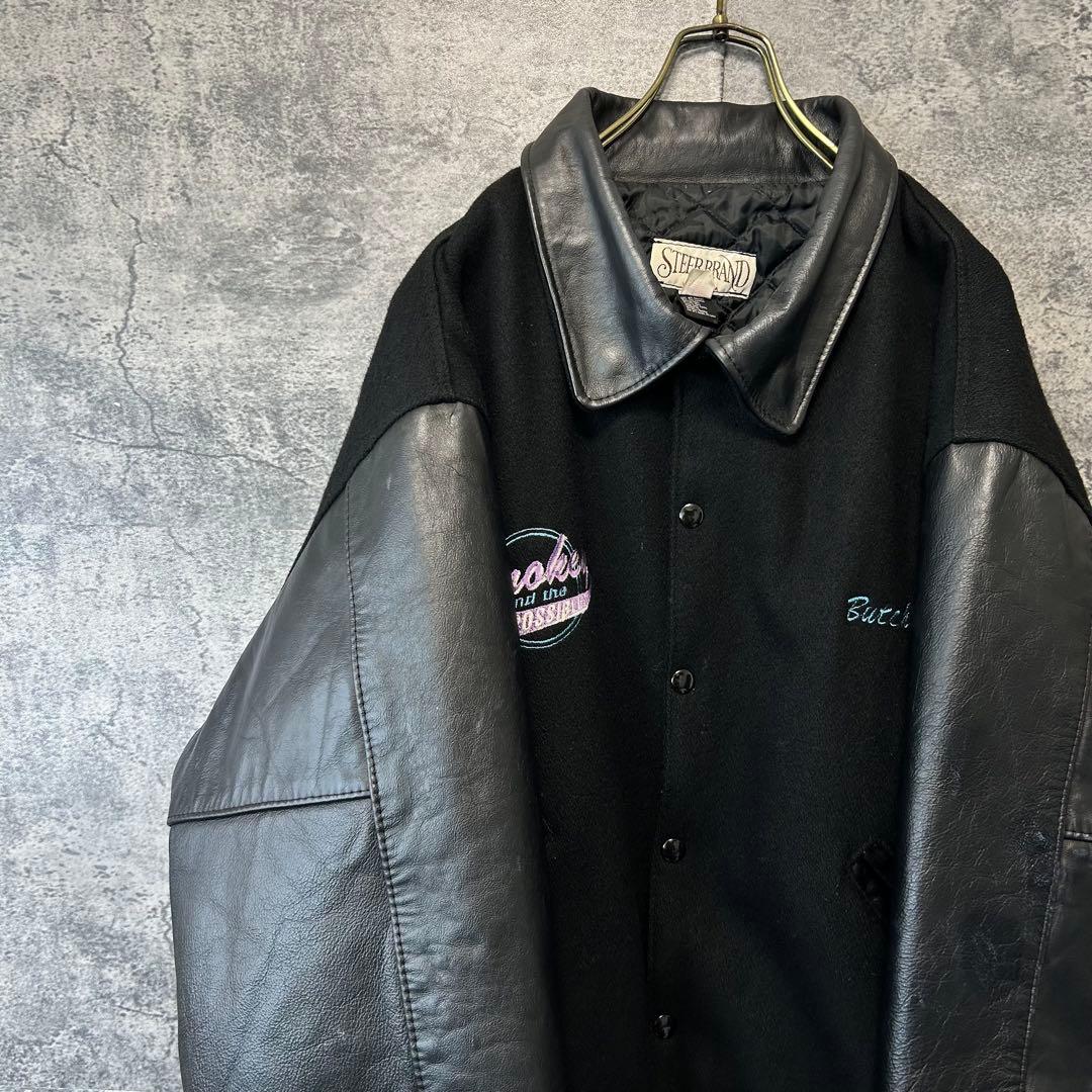 90s ヴィンテージ 刺繍　本革スタジャン　オールブラック　XL アメリカ製