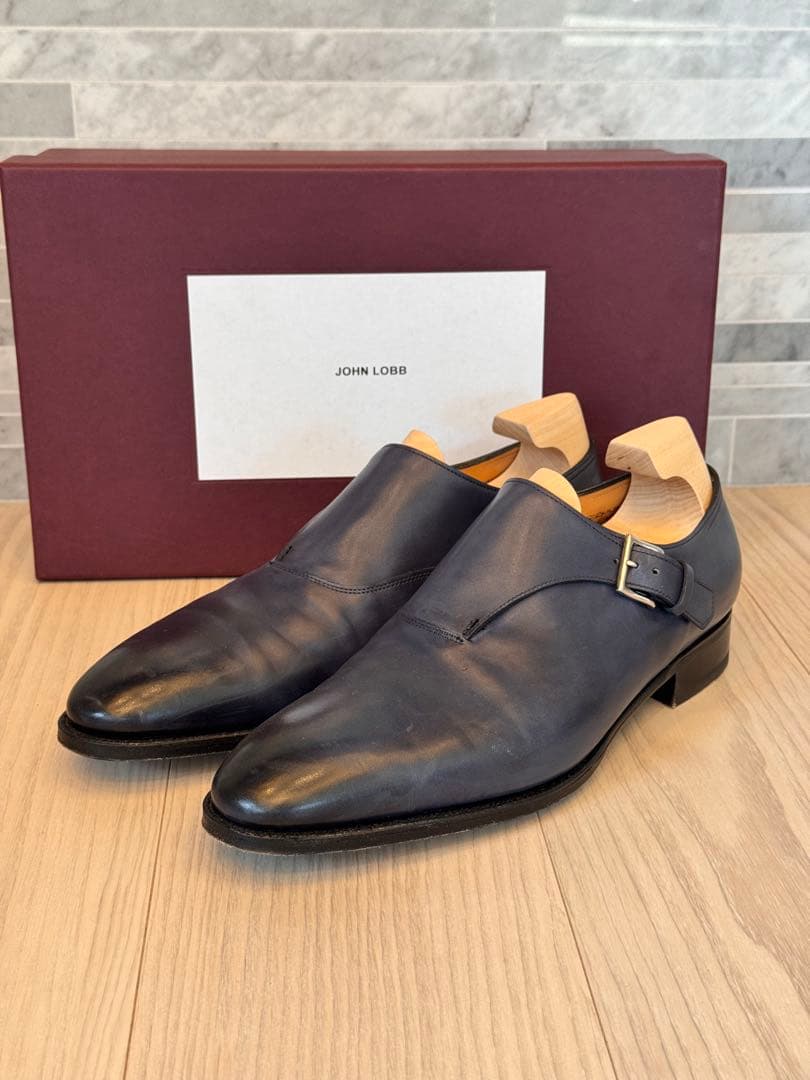 ジョンロブ　ストラップ　ドレスシューズ　ネイビー　8.5