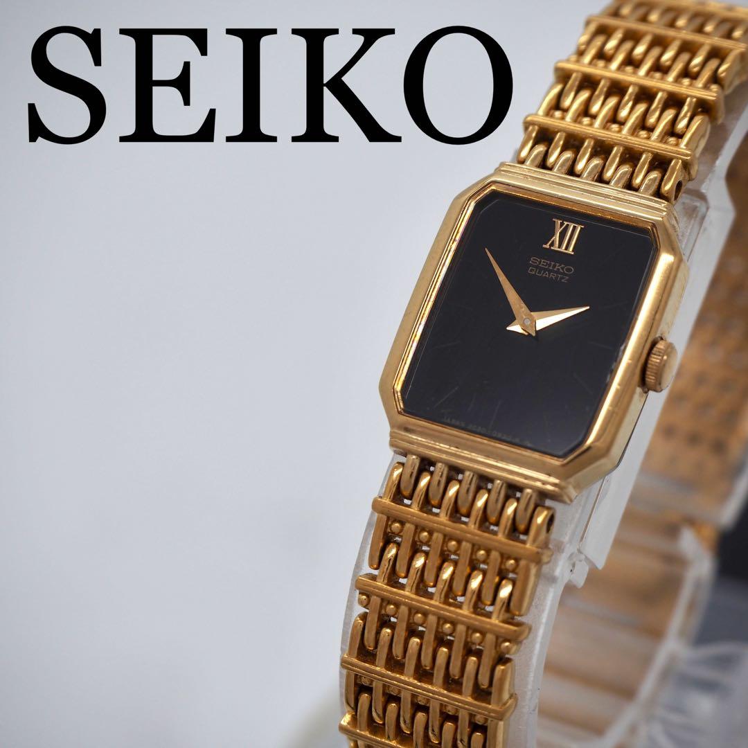 398 稼働【美品】SEIKO 時計　ブラック　ゴールド　スクエア　レディース