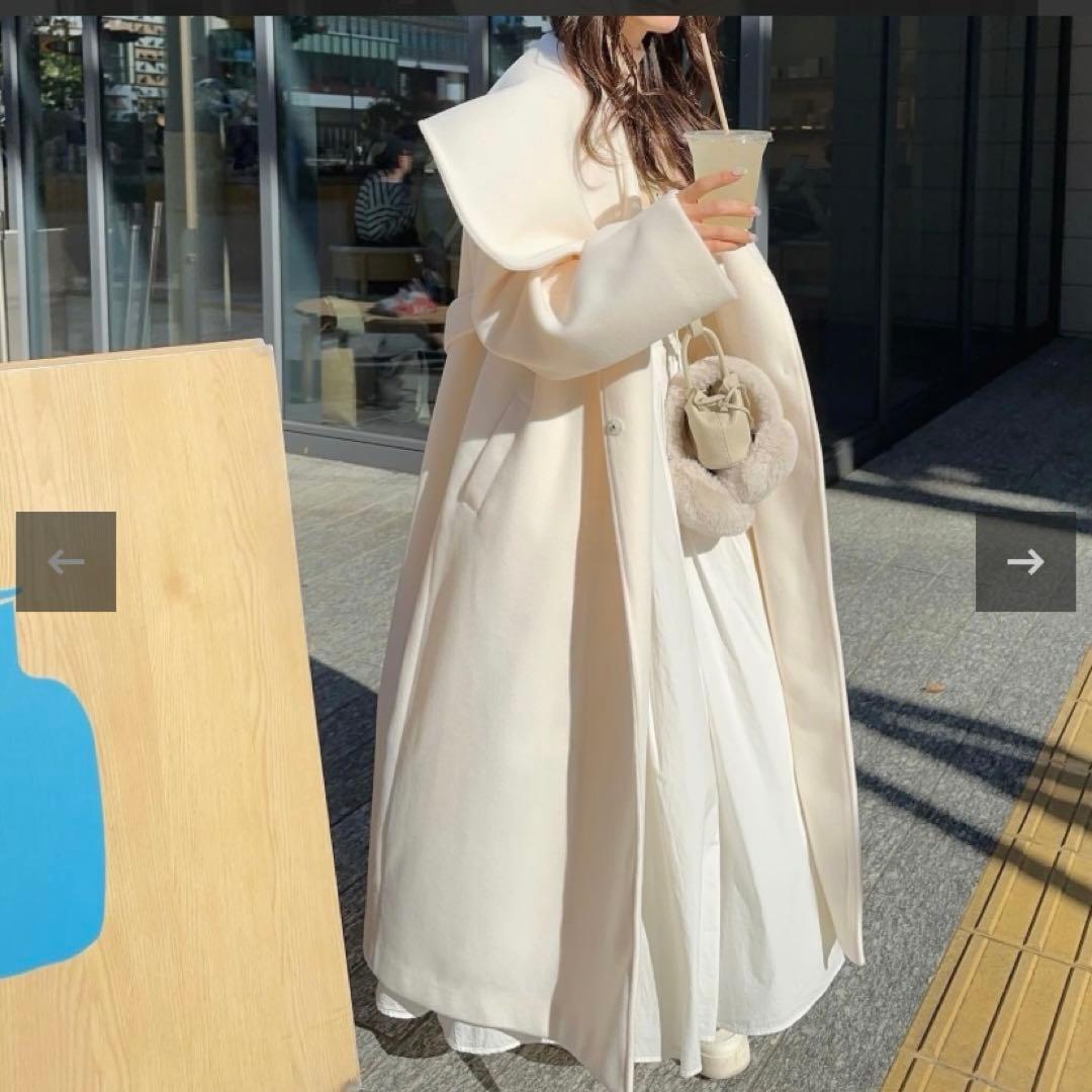 Ofue. コート　ロングコート　ビッグカラーコート　エリ　クリームチーク