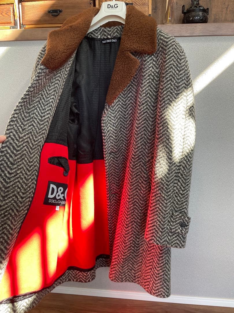 絢爛豪華☆D&Gイタリア製 ブラウンボア ヘリンボーン ウールハーフコート LL
