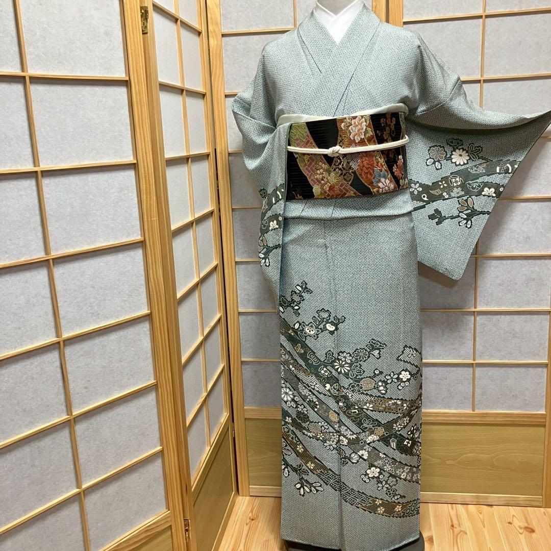 みーちゃん様［7155］訪問着 美品 熨斗目文様 鹿の子柄 金彩 正絹 着物 袷