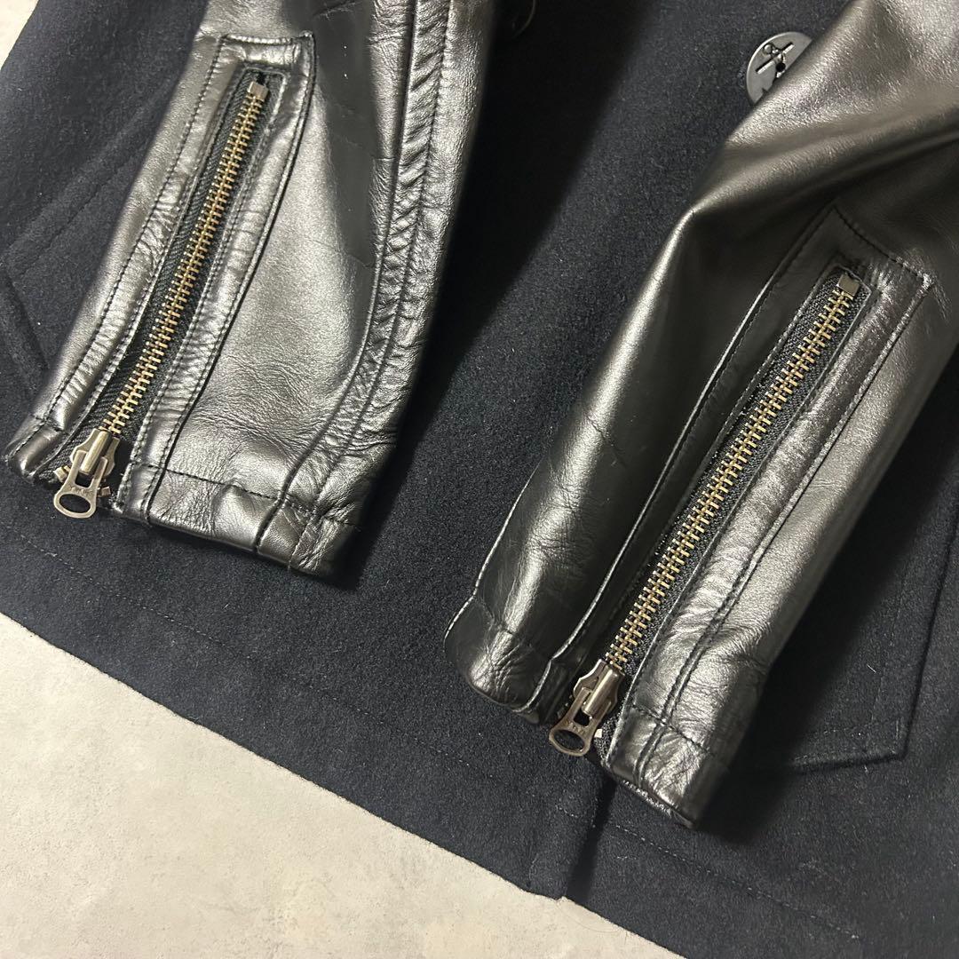 美品 アヴィレックス メルトンピーコート 袖レザー 異素材 ダブルブレスト L