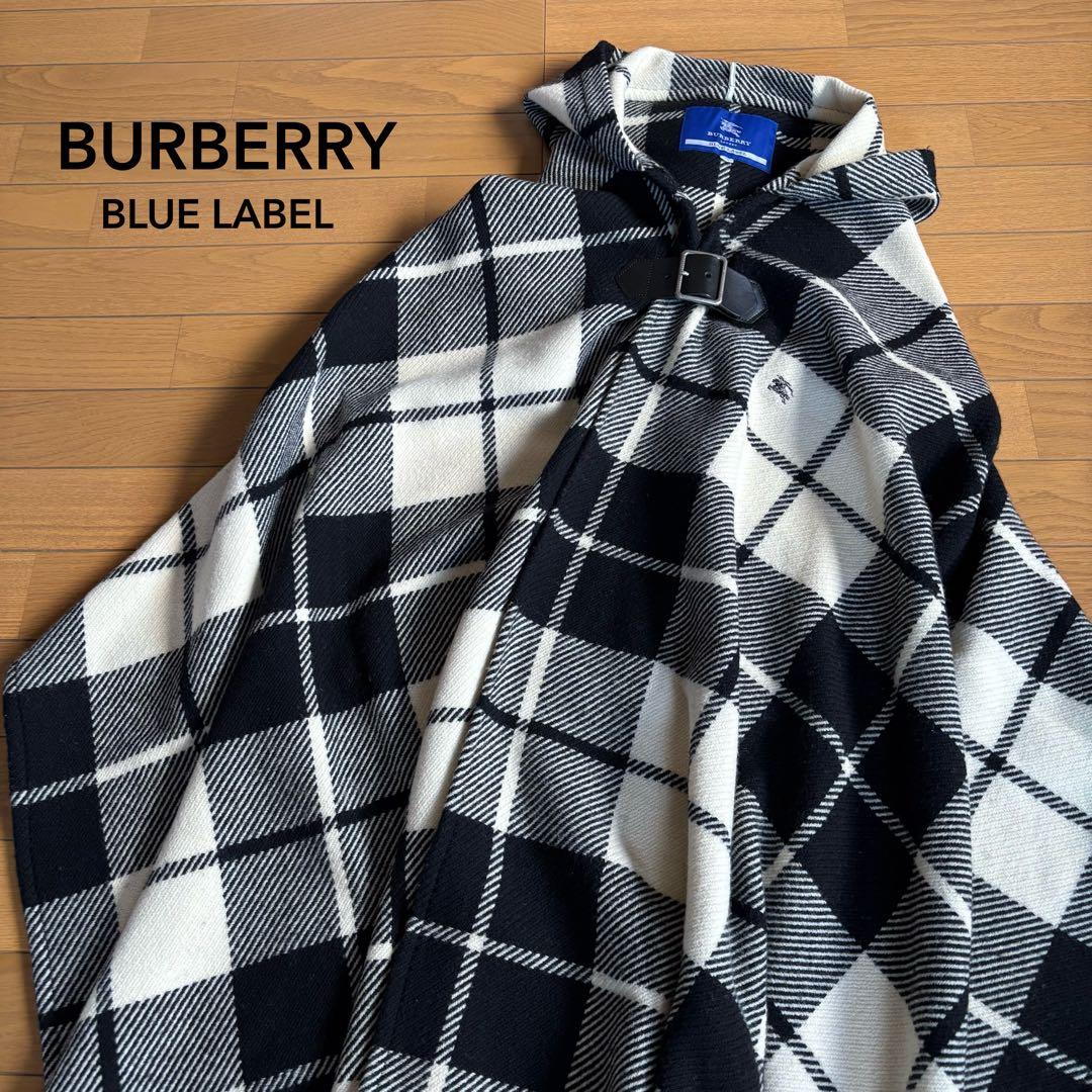 BURBERRY BLUE LABEL フード付き ポンチョ ストール ロゴ刺繍