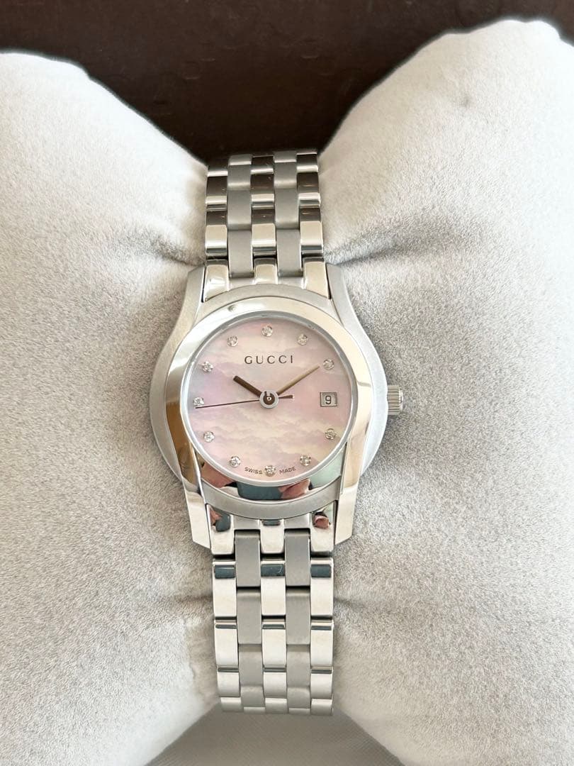 【美品】GUCCIグッチGクラスピンクシェルダイヤ腕時計レディース