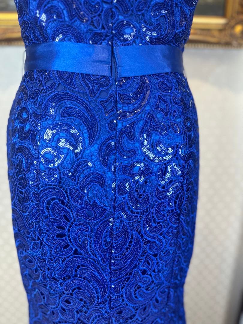 青色レーススパンコール刺繍マーメイドドレス ウエストリボン付き