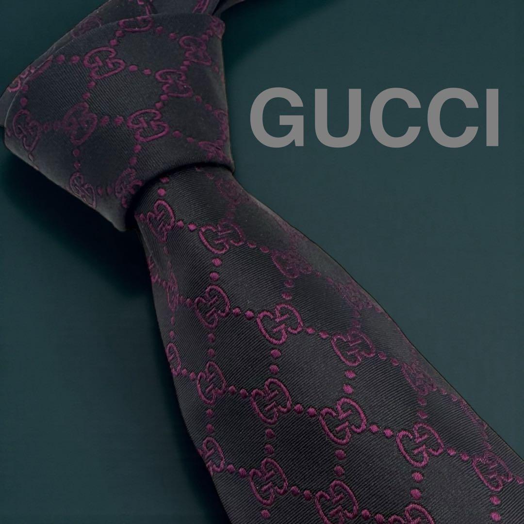 GUCCI グッチ ネクタイ ジャガード 黒 紫 GGパターン 総柄