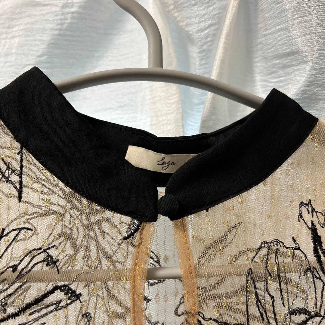 Leja配色パイピングプチハイネック花柄刺繍ラメレースロング丈ドレスワンピース