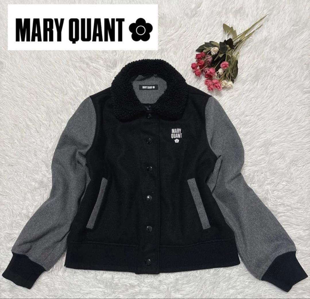 マリークワント スタジャン ブルゾン ブラック×グレー 刺繍 38 Ｍ相当 ボア