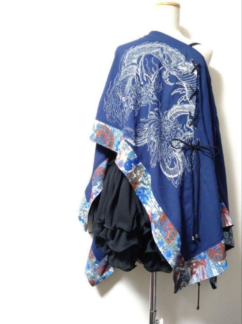 Qutie Frash 龍プリント和柄切替オフショルダー チュニック ポンチョ